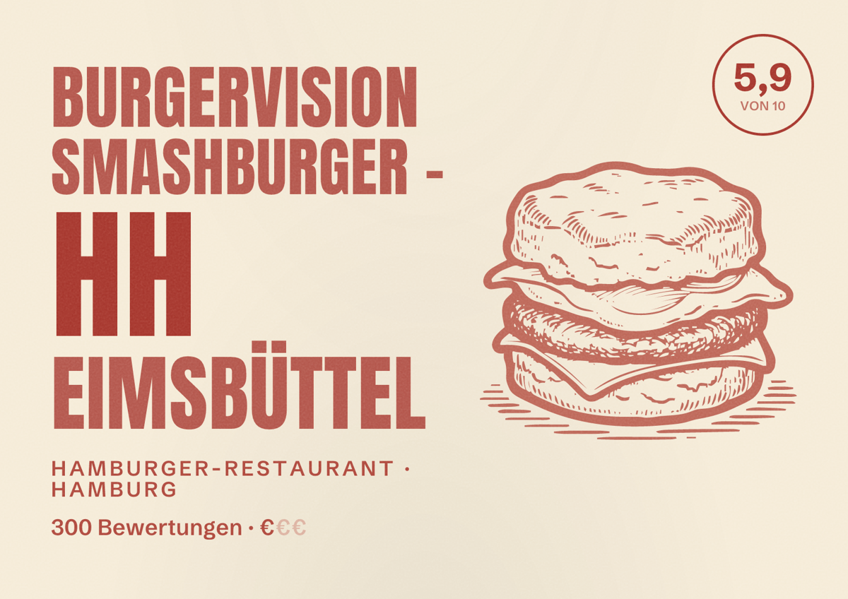 Illustriertes Poster von BurgerVision Smashburger - HH Eimsbüttel, Hamburger-Restaurant in Hamburg: Bewertung 5,9 von 10 aus 300 Bewertungen, Preisniveau €