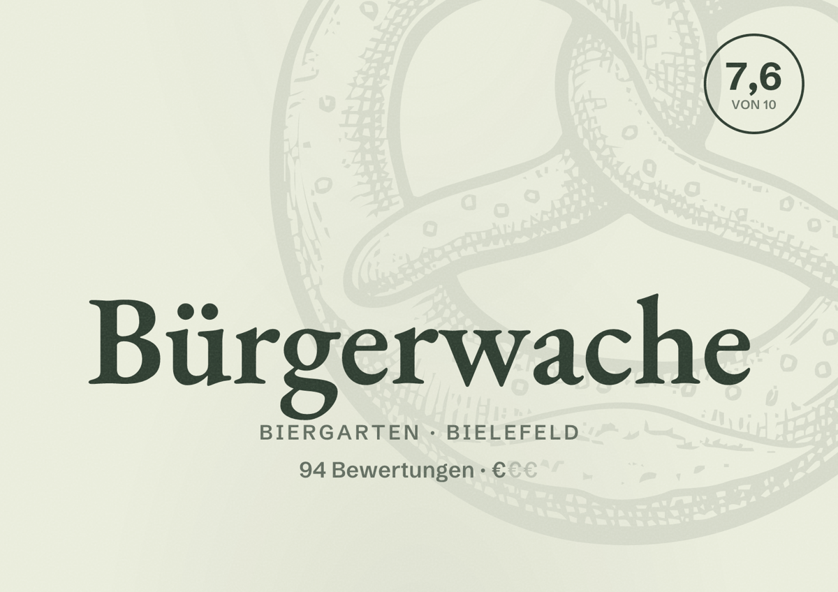 Illustriertes Poster von Bürgerwache, Biergarten in Bielefeld: Bewertung 7,6 von 10 aus 94 Bewertungen, Preisniveau €