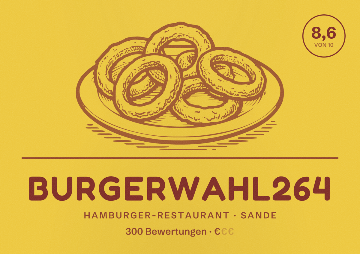 Illustriertes Poster von BURGERWahl264, Hamburger-Restaurant in Sande: Bewertung 8,6 von 10 aus 300 Bewertungen, Preisniveau €