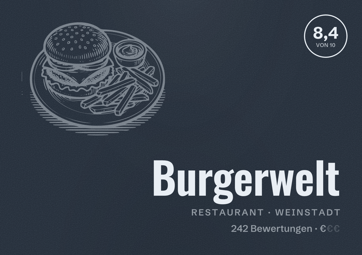 Illustriertes Poster von Burgerwelt, Restaurant in Weinstadt: Bewertung 8,4 von 10 aus 242 Bewertungen, Preisniveau €