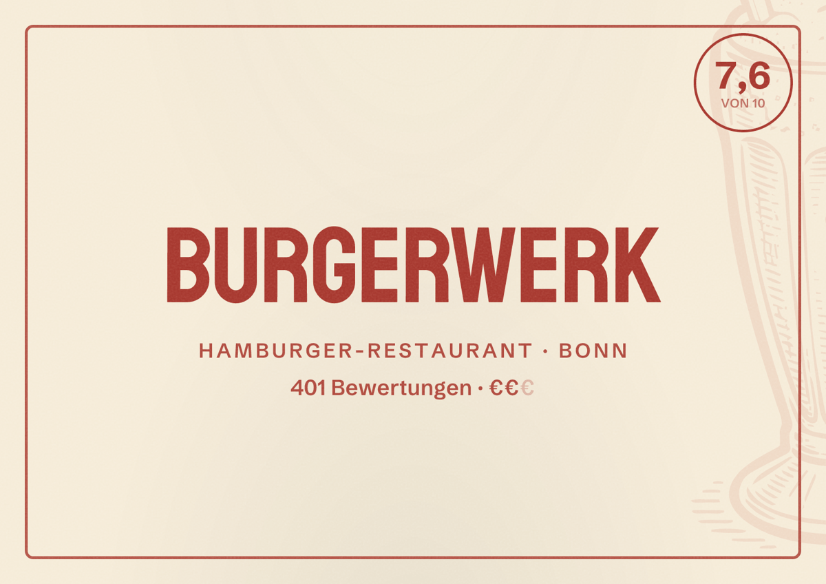 Illustriertes Poster von Burgerwerk, Hamburger-Restaurant in Bonn: Bewertung 7,6 von 10 aus 401 Bewertungen, Preisniveau €€