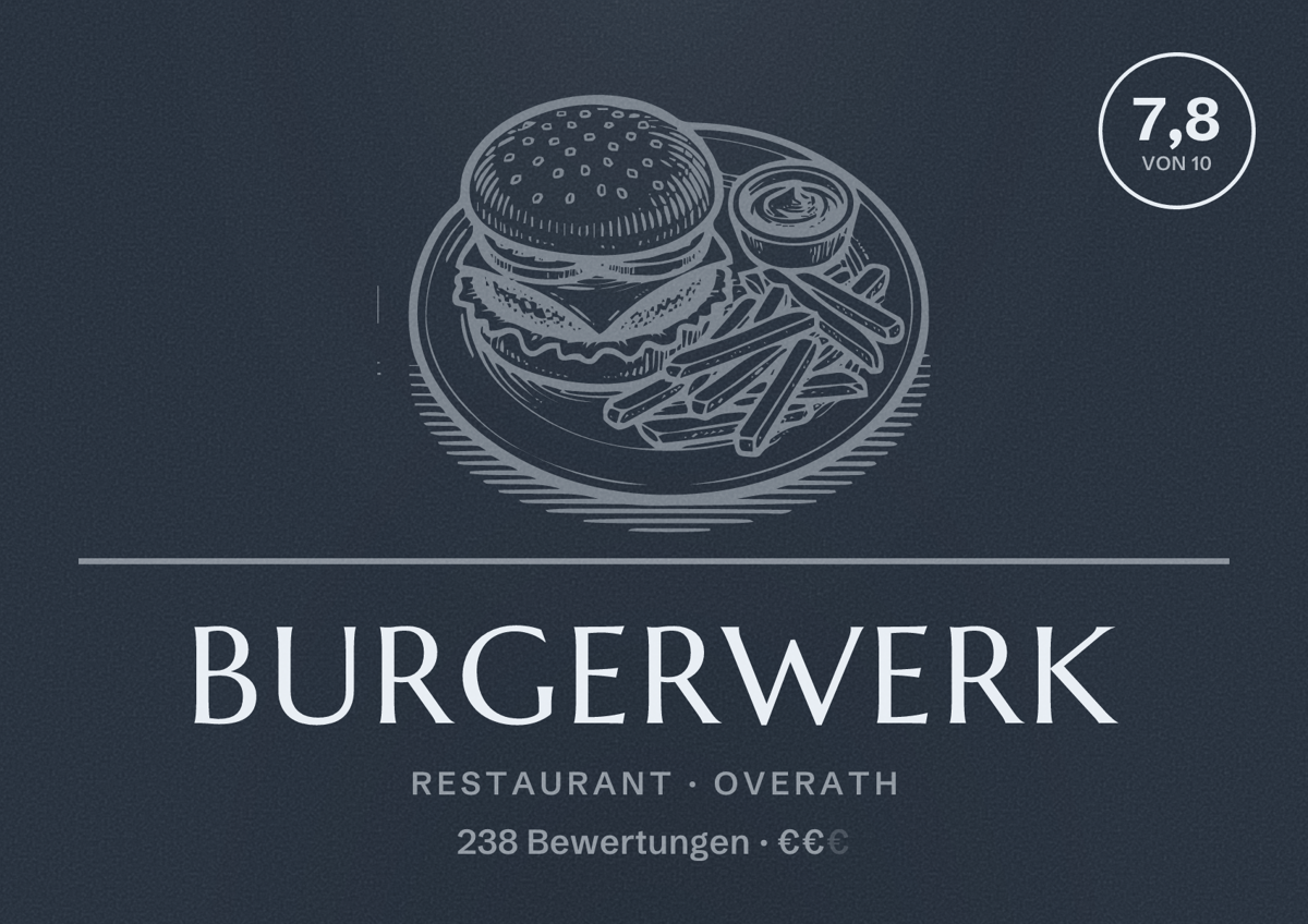 Illustriertes Poster von Burgerwerk, Restaurant in Overath: Bewertung 7,8 von 10 aus 238 Bewertungen, Preisniveau €€
