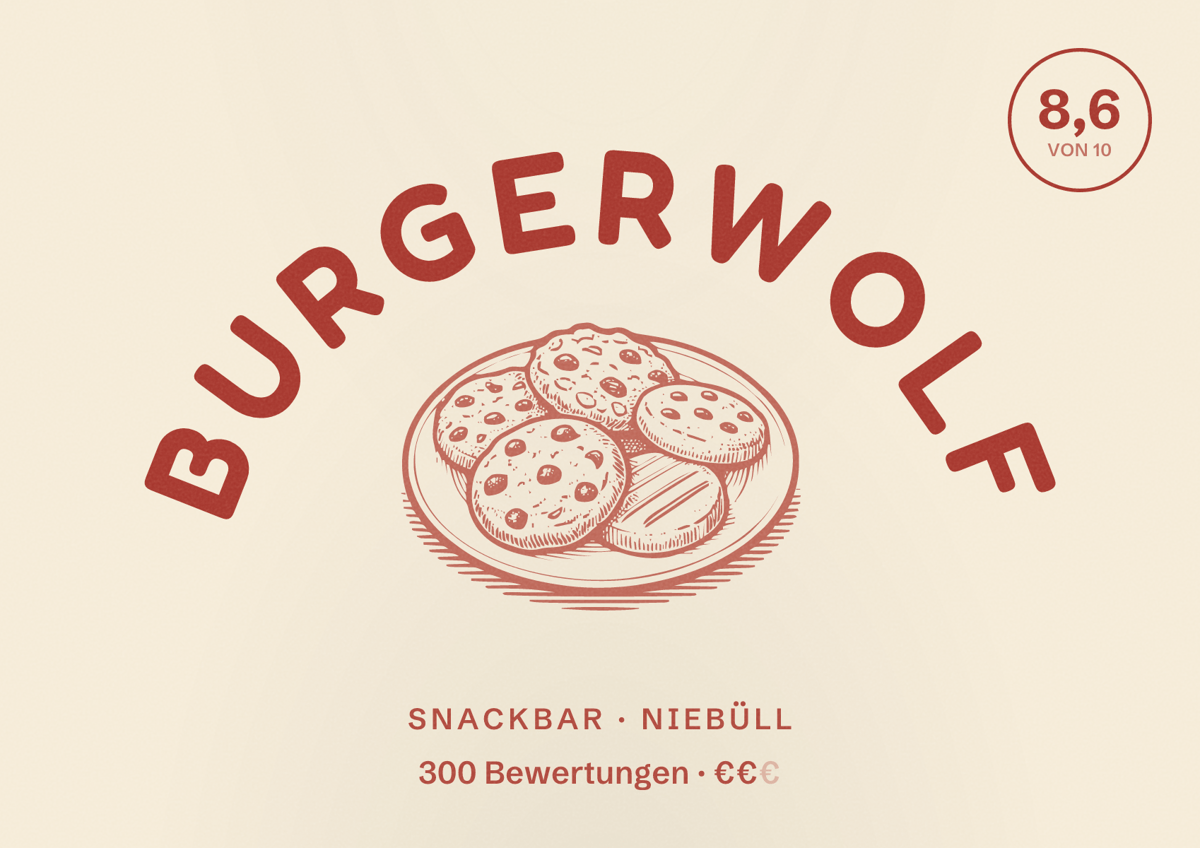 Illustriertes Poster von Burgerwolf, Snackbar in Niebüll: Bewertung 8,6 von 10 aus 300 Bewertungen, Preisniveau €€
