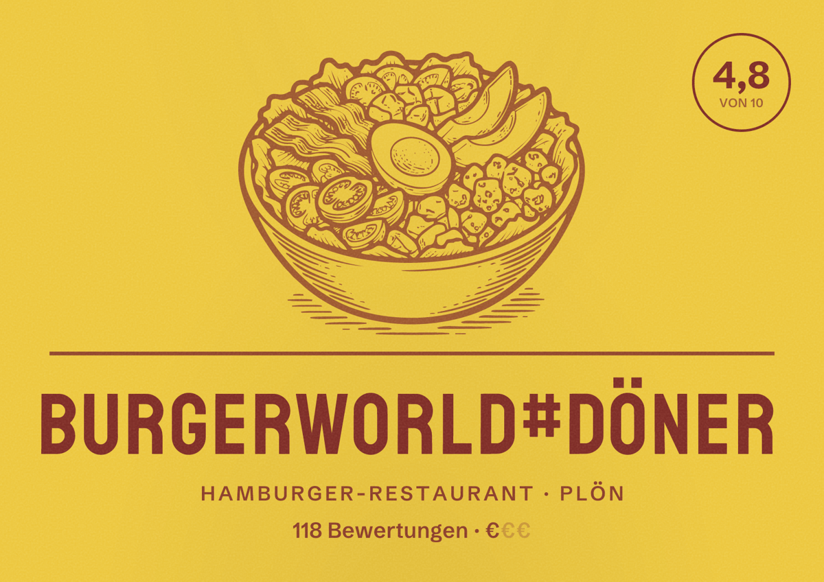 Illustriertes Poster von Burgerworld#Döner, Hamburger-Restaurant in Plön: Bewertung 4,8 von 10 aus 118 Bewertungen, Preisniveau €
