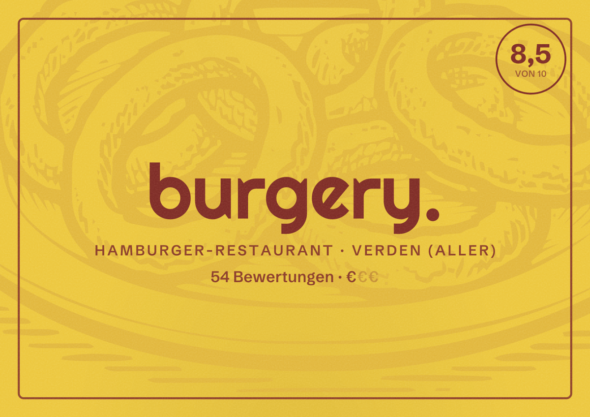 Illustriertes Poster von burgery., Hamburger-Restaurant in Verden (Aller): Bewertung 8,5 von 10 aus 54 Bewertungen, Preisniveau €