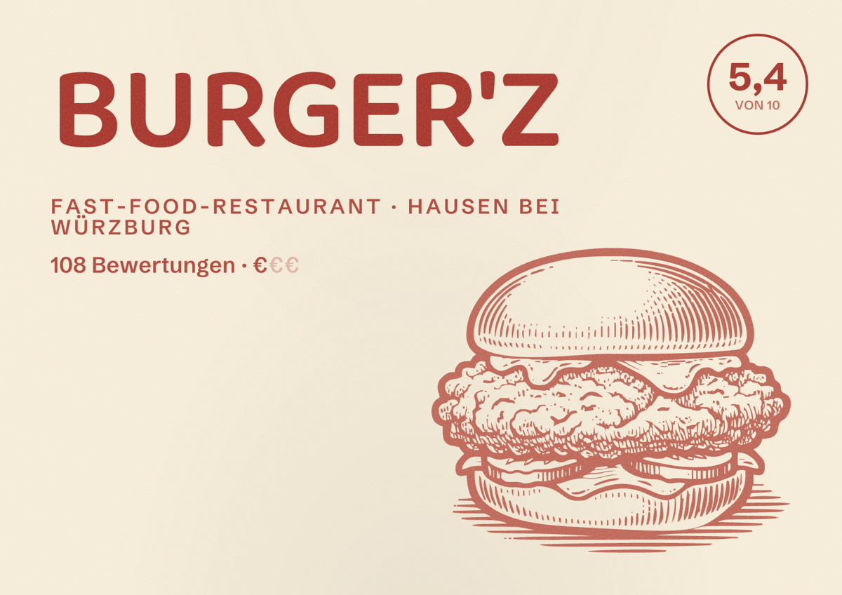 Illustriertes Poster von BURGER'Z, Fast-Food-Restaurant in Hausen bei Würzburg: Bewertung 5,4 von 10 aus 108 Bewertungen, Preisniveau €