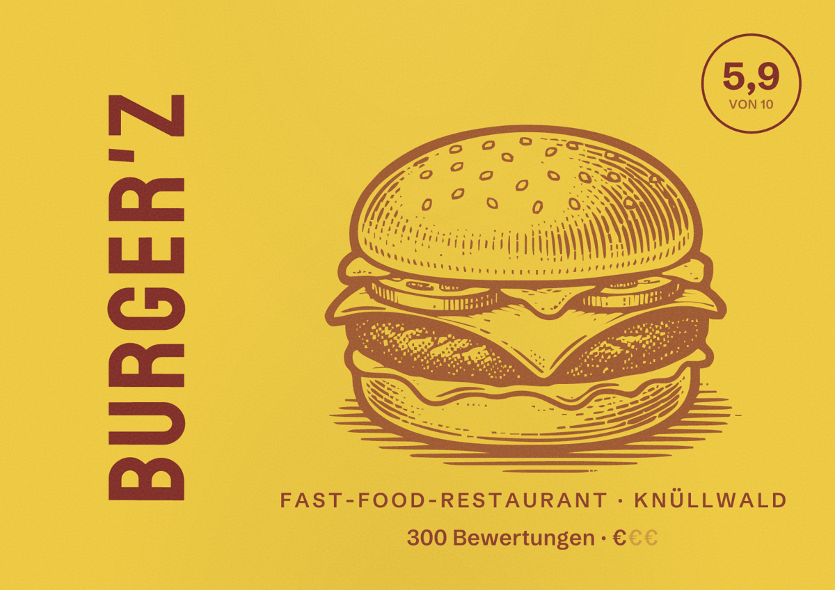 Illustriertes Poster von Burger'z, Fast-Food-Restaurant in Knüllwald: Bewertung 5,9 von 10 aus 300 Bewertungen, Preisniveau €