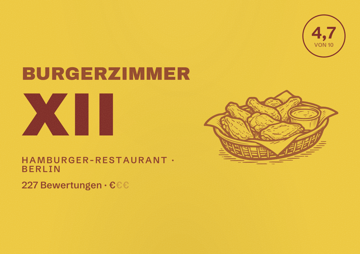 Illustriertes Poster von Burgerzimmer XII, Hamburger-Restaurant in Berlin: Bewertung 4,7 von 10 aus 227 Bewertungen, Preisniveau €