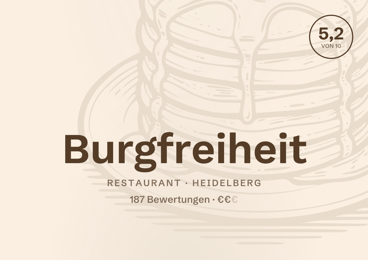 Illustriertes Poster von Burgfreiheit, Restaurant in Heidelberg: Bewertung 5,2 von 10 aus 187 Bewertungen, Preisniveau €€