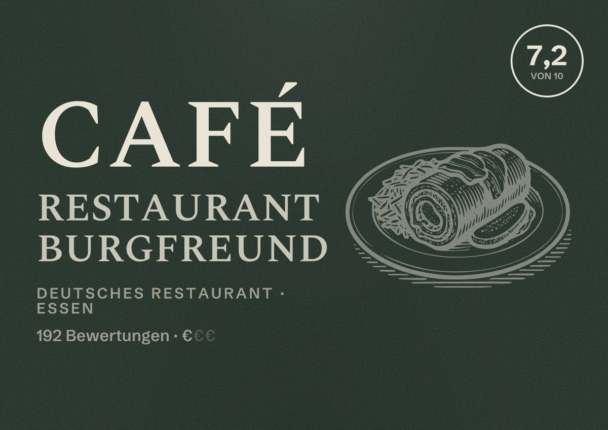 Illustriertes Poster von Café Restaurant Burgfreund, Deutsches Restaurant in Essen: Bewertung 7,2 von 10 aus 192 Bewertungen, Preisniveau €