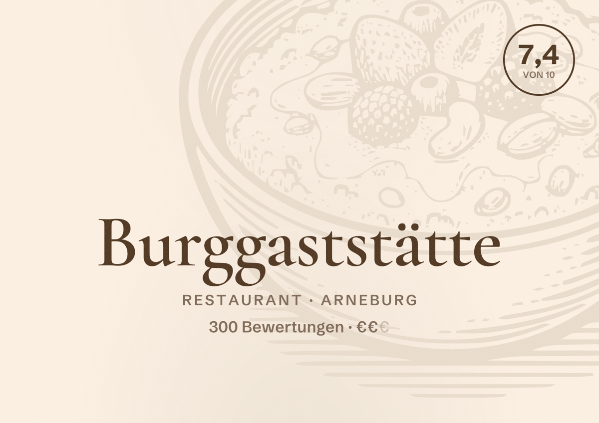 Illustriertes Poster von Burggaststätte, Restaurant in Arneburg: Bewertung 7,4 von 10 aus 300 Bewertungen, Preisniveau €€