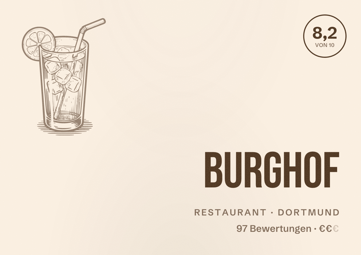 Illustriertes Poster von Burghof, Restaurant in Dortmund: Bewertung 8,2 von 10 aus 97 Bewertungen, Preisniveau €€