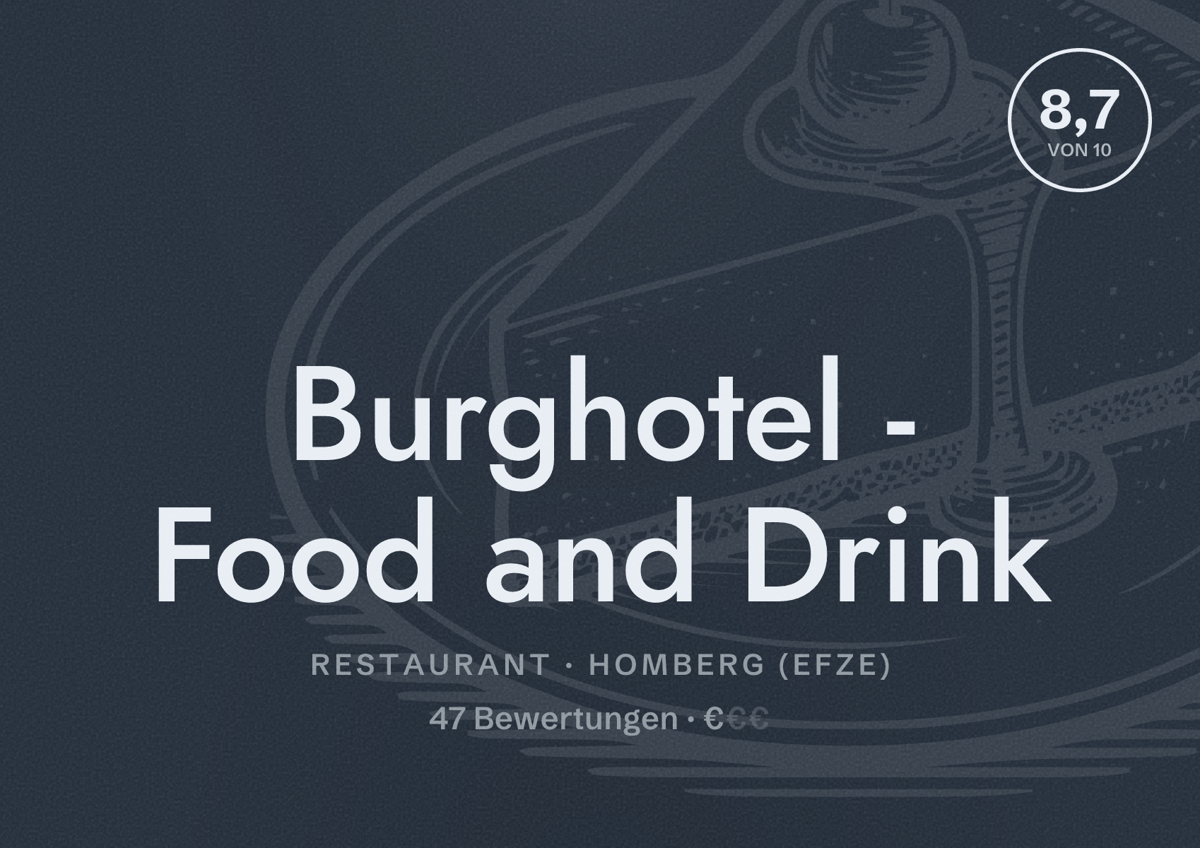 Illustriertes Poster von Burghotel - Food and Drink, Restaurant in Homberg (Efze): Bewertung 8,7 von 10 aus 47 Bewertungen, Preisniveau €