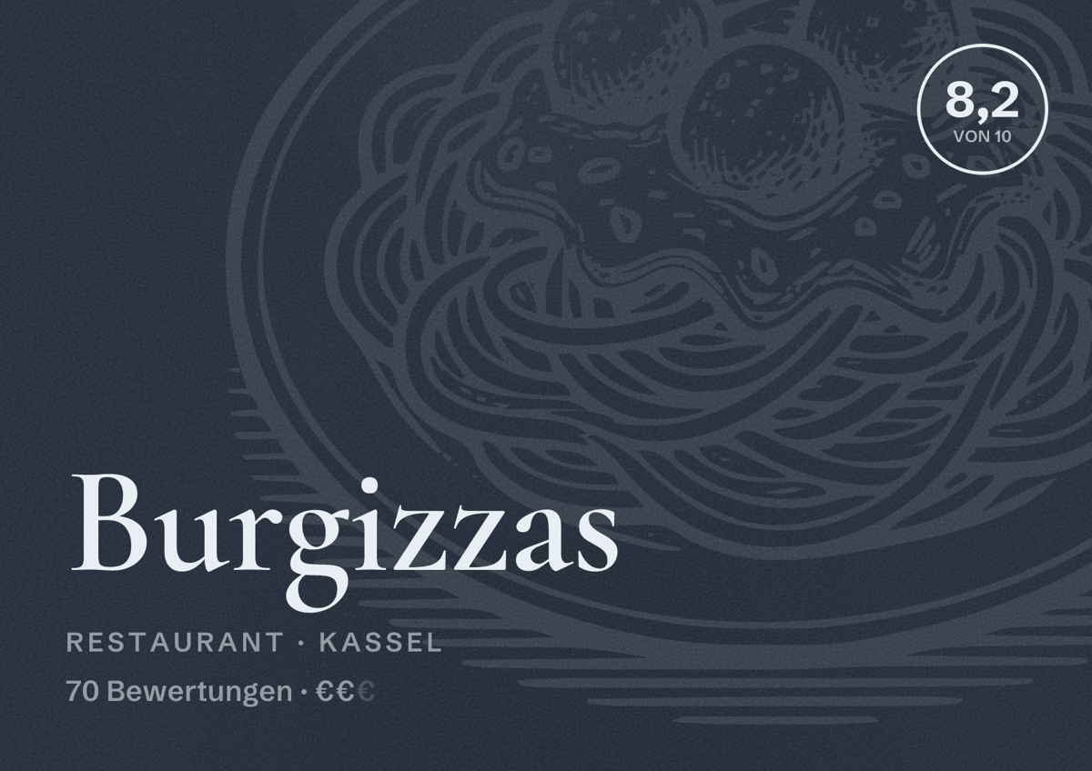 Illustriertes Poster von Burgizzas, Restaurant in Kassel: Bewertung 8,2 von 10 aus 70 Bewertungen, Preisniveau €€