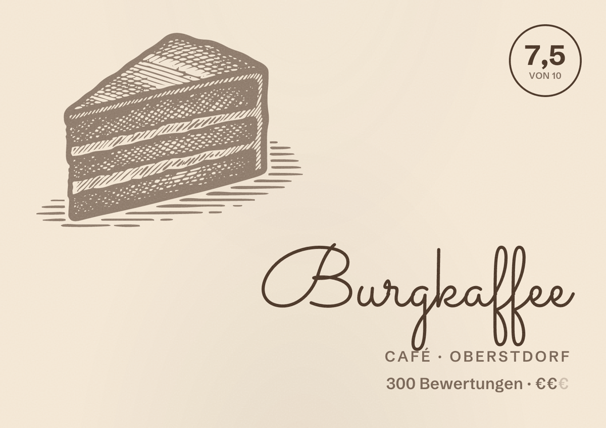 Illustriertes Poster von Burgkaffee, Café in Oberstdorf: Bewertung 7,5 von 10 aus 300 Bewertungen, Preisniveau €€