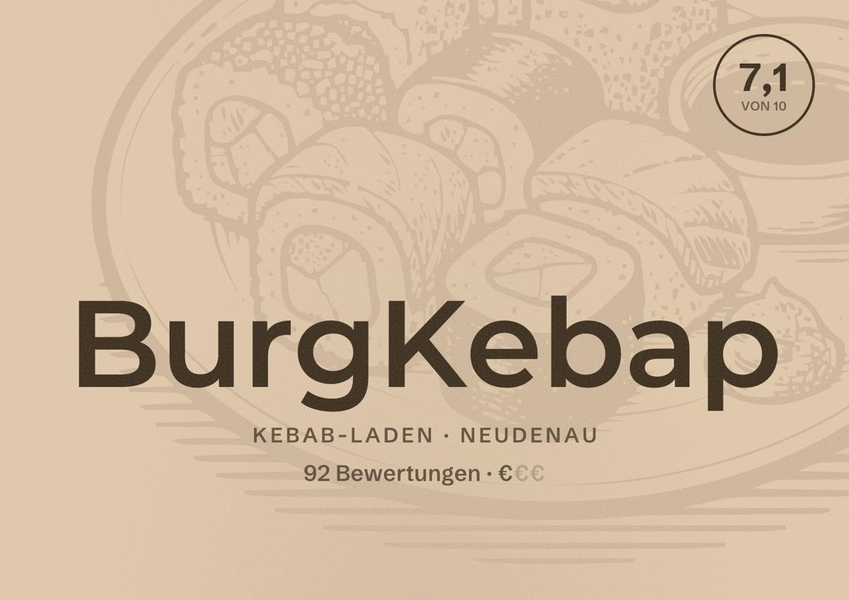 Illustriertes Poster von BurgKebap, Kebab-Laden in Neudenau: Bewertung 7,1 von 10 aus 92 Bewertungen, Preisniveau €