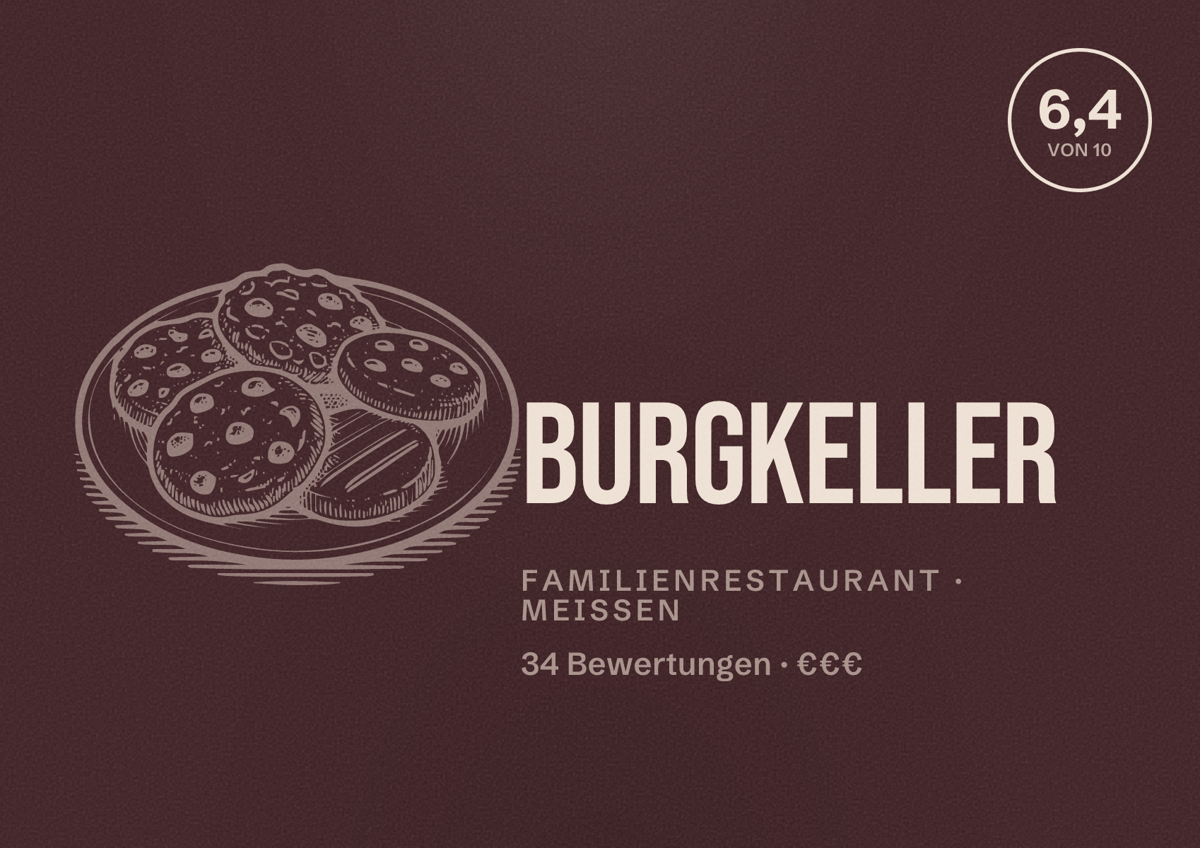 Illustriertes Poster von Burgkeller, Familienrestaurant in Meißen: Bewertung 6,4 von 10 aus 34 Bewertungen, Preisniveau €€€
