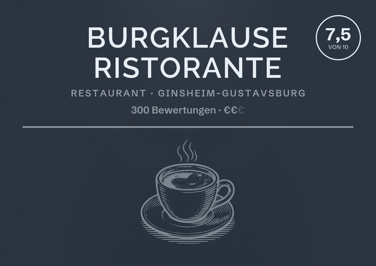 Illustriertes Poster von Burgklause Ristorante, Restaurant in Ginsheim-Gustavsburg: Bewertung 7,5 von 10 aus 300 Bewertungen, Preisniveau €€