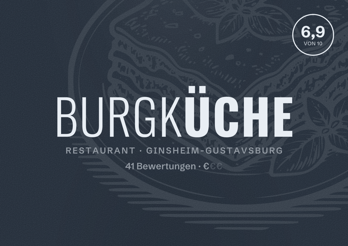 Illustriertes Poster von BURGKÜCHE, Restaurant in Ginsheim-Gustavsburg: Bewertung 6,9 von 10 aus 41 Bewertungen, Preisniveau €