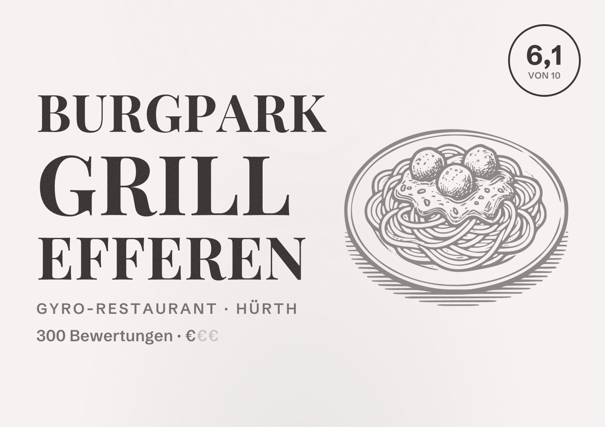 Illustriertes Poster von Burgpark Grill Efferen, Gyro-Restaurant in Hürth: Bewertung 6,1 von 10 aus 300 Bewertungen, Preisniveau €