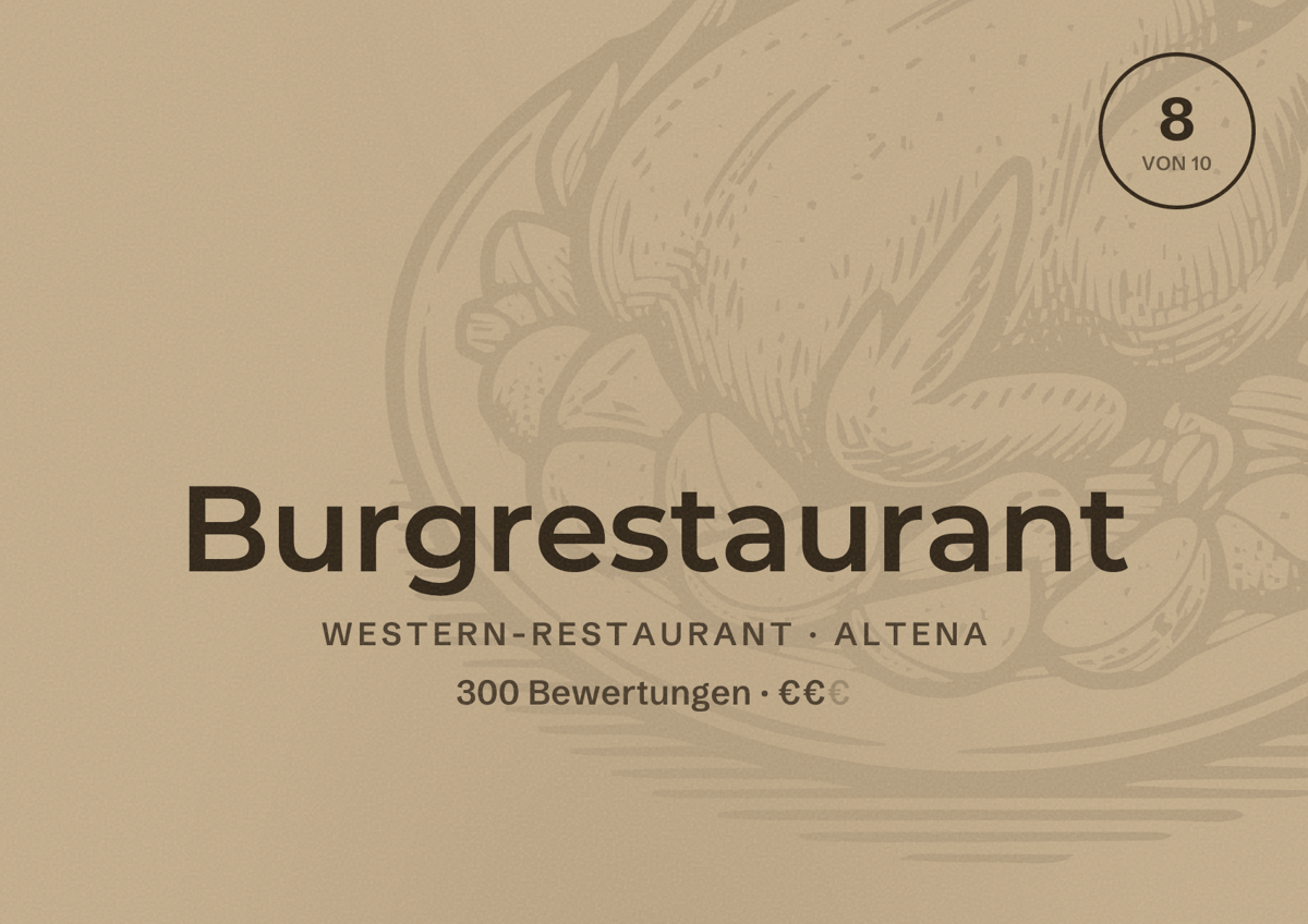 Illustriertes Poster von Burgrestaurant, Western-Restaurant in Altena: Bewertung 8 von 10 aus 300 Bewertungen, Preisniveau €€