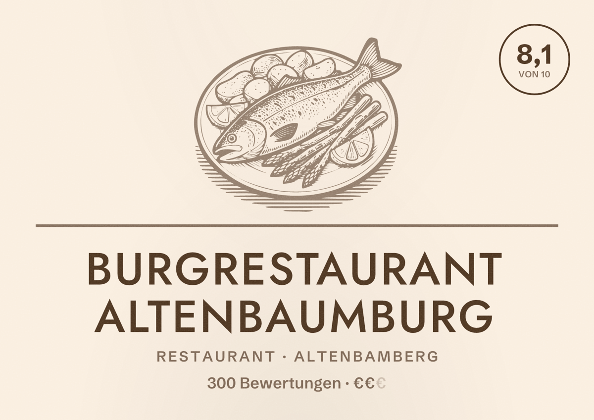 Illustriertes Poster von Burgrestaurant Altenbaumburg, Restaurant in Altenbamberg: Bewertung 8,1 von 10 aus 300 Bewertungen, Preisniveau €€