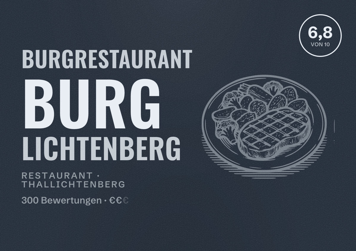 Illustriertes Poster von Burgrestaurant Burg Lichtenberg, Restaurant in Thallichtenberg: Bewertung 6,8 von 10 aus 300 Bewertungen, Preisniveau €€