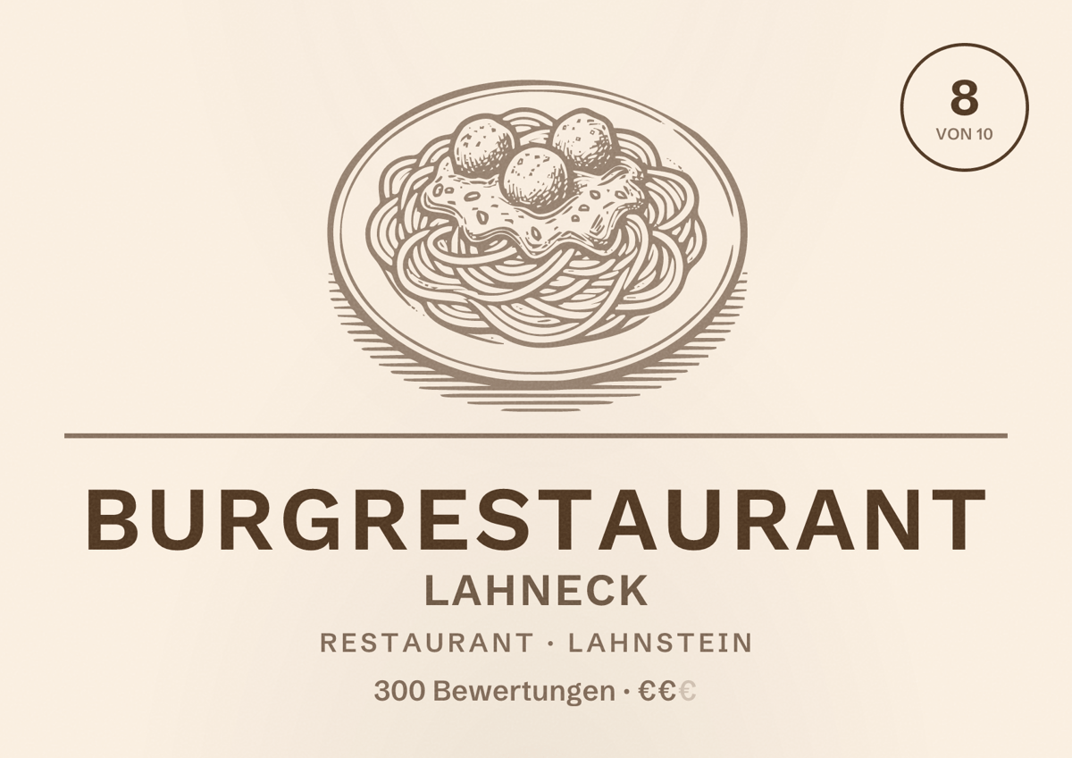 Illustriertes Poster von Burgrestaurant Lahneck, Restaurant in Lahnstein: Bewertung 8 von 10 aus 300 Bewertungen, Preisniveau €€