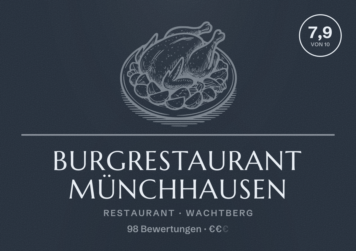Illustriertes Poster von Burgrestaurant Münchhausen, Restaurant in Wachtberg: Bewertung 7,9 von 10 aus 98 Bewertungen, Preisniveau €€