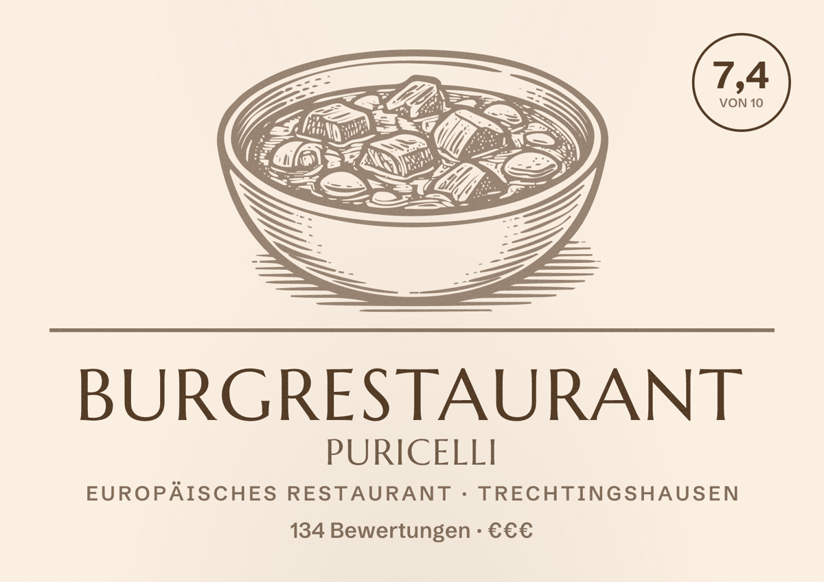 Illustriertes Poster von Burgrestaurant Puricelli, Europäisches Restaurant in Trechtingshausen: Bewertung 7,4 von 10 aus 134 Bewertungen, Preisniveau €€€