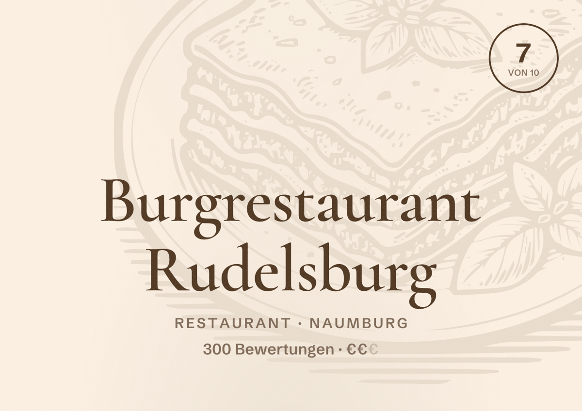 Illustriertes Poster von Burgrestaurant Rudelsburg, Restaurant in Naumburg: Bewertung 7 von 10 aus 300 Bewertungen, Preisniveau €€