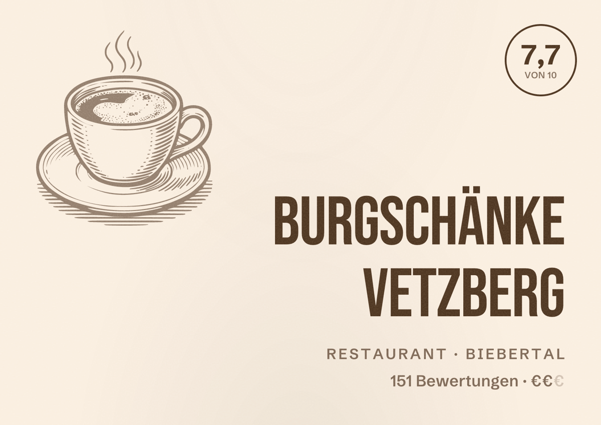 Illustriertes Poster von Burgschänke Vetzberg, Restaurant in Biebertal: Bewertung 7,7 von 10 aus 151 Bewertungen, Preisniveau €€