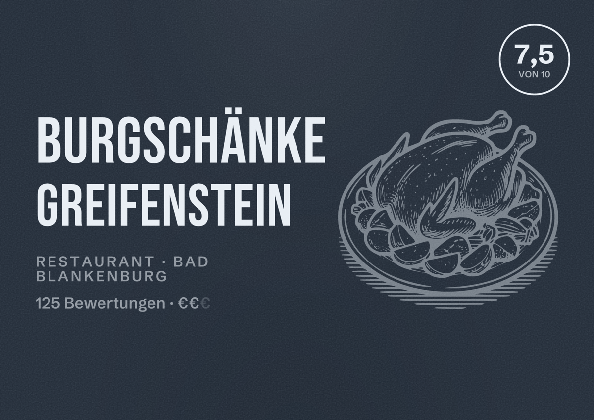 Illustriertes Poster von Burgschänke Greifenstein, Restaurant in Bad Blankenburg: Bewertung 7,5 von 10 aus 125 Bewertungen, Preisniveau €€