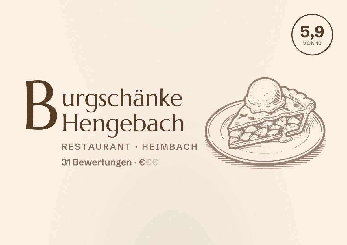Illustriertes Poster von Burgschänke Hengebach, Restaurant in Heimbach: Bewertung 5,9 von 10 aus 31 Bewertungen, Preisniveau €