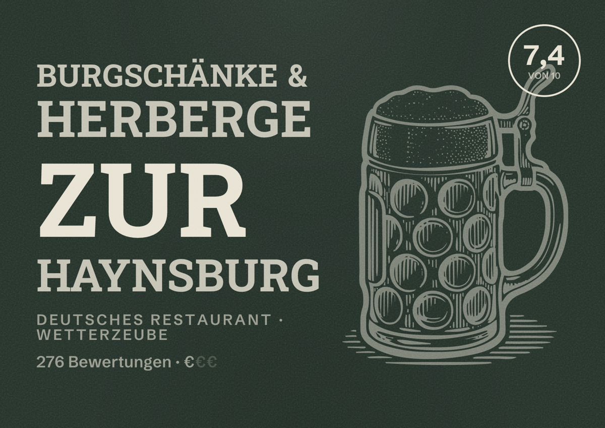 Illustriertes Poster von Burgschänke & Herberge Zur Haynsburg, Deutsches Restaurant in Wetterzeube: Bewertung 7,4 von 10 aus 276 Bewertungen, Preisniveau €