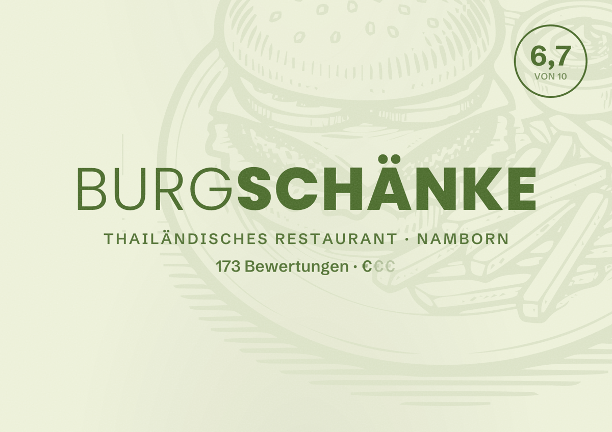Illustriertes Poster von Burgschänke, Thailändisches Restaurant in Namborn: Bewertung 6,7 von 10 aus 173 Bewertungen, Preisniveau €