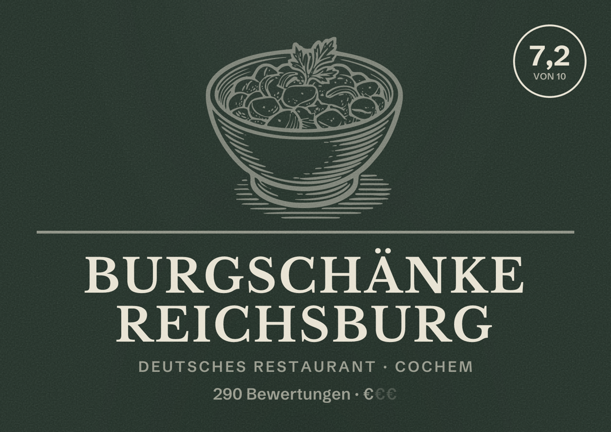 Illustriertes Poster von Burgschänke Reichsburg, Deutsches Restaurant in Cochem: Bewertung 7,2 von 10 aus 290 Bewertungen, Preisniveau €