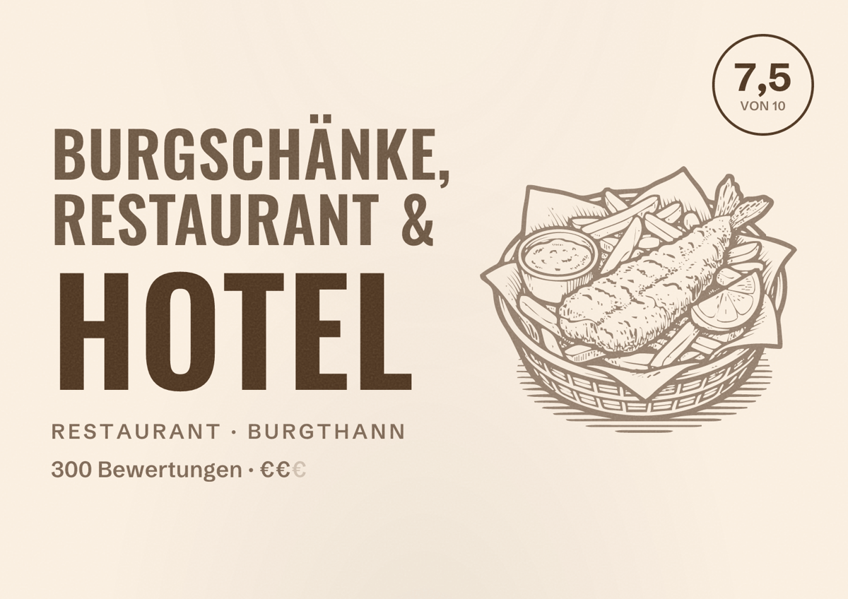Illustriertes Poster von Burgschänke, Restaurant & Hotel, Restaurant in Burgthann: Bewertung 7,5 von 10 aus 300 Bewertungen, Preisniveau €€