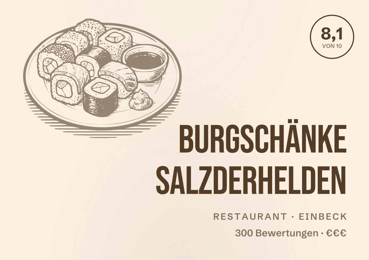 Illustriertes Poster von Burgschänke Salzderhelden, Restaurant in Einbeck: Bewertung 8,1 von 10 aus 300 Bewertungen, Preisniveau €€€