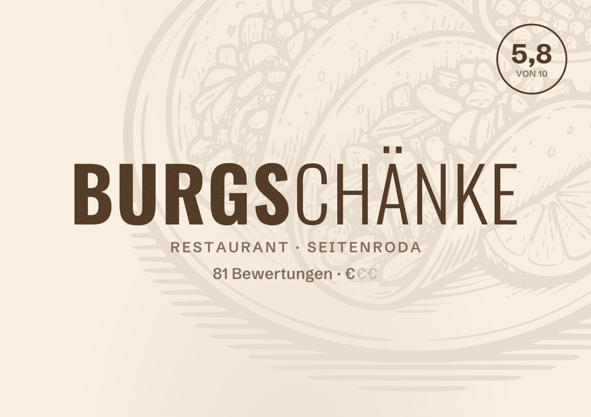 Illustriertes Poster von Burgschänke, Restaurant in Seitenroda: Bewertung 5,8 von 10 aus 81 Bewertungen, Preisniveau €