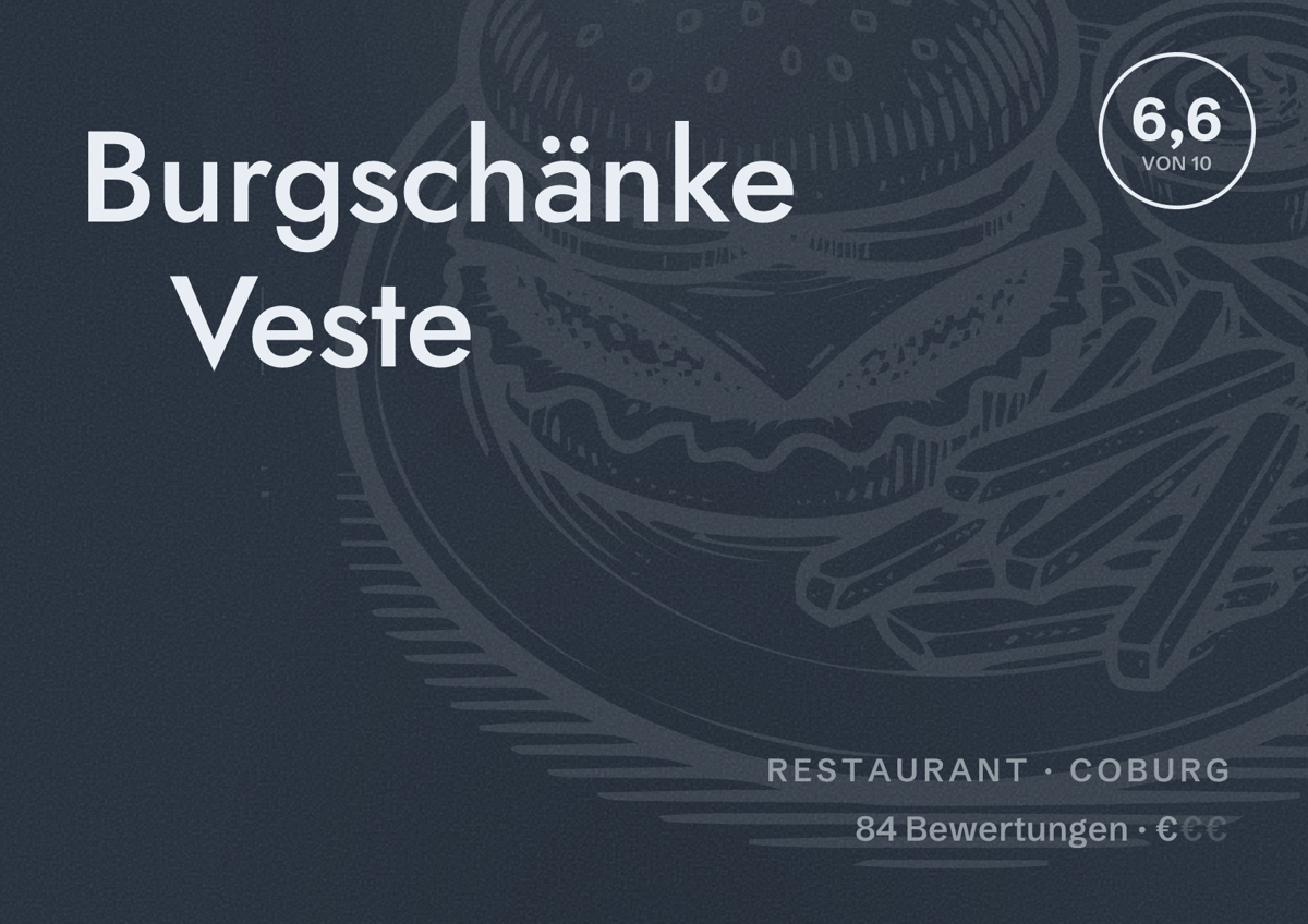 Illustriertes Poster von Burgschänke Veste, Restaurant in Coburg: Bewertung 6,6 von 10 aus 84 Bewertungen, Preisniveau €