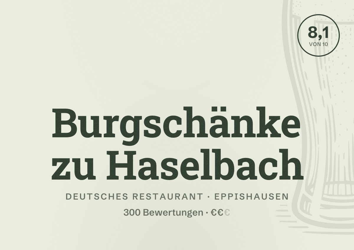 Illustriertes Poster von Burgschänke zu Haselbach, Deutsches Restaurant in Eppishausen: Bewertung 8,1 von 10 aus 300 Bewertungen, Preisniveau €€