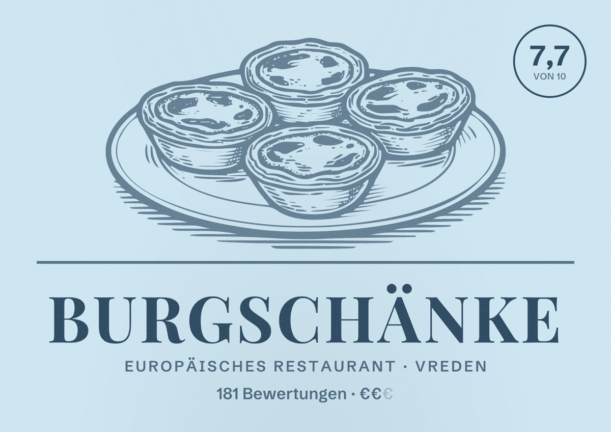 Illustriertes Poster von Burgschänke, Europäisches Restaurant in Vreden: Bewertung 7,7 von 10 aus 181 Bewertungen, Preisniveau €€