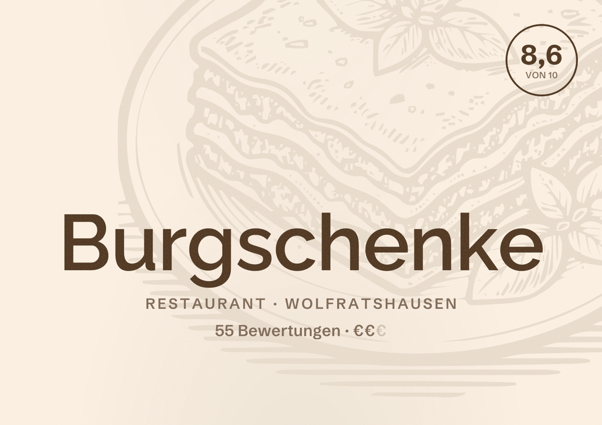 Illustriertes Poster von Burgschenke, Restaurant in Wolfratshausen: Bewertung 8,6 von 10 aus 55 Bewertungen, Preisniveau €€