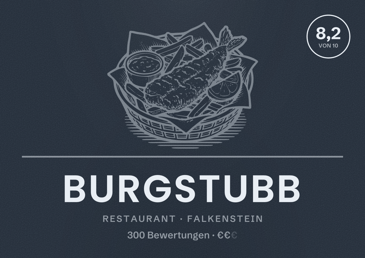 Illustriertes Poster von Burgstubb, Restaurant in Falkenstein: Bewertung 8,2 von 10 aus 300 Bewertungen, Preisniveau €€