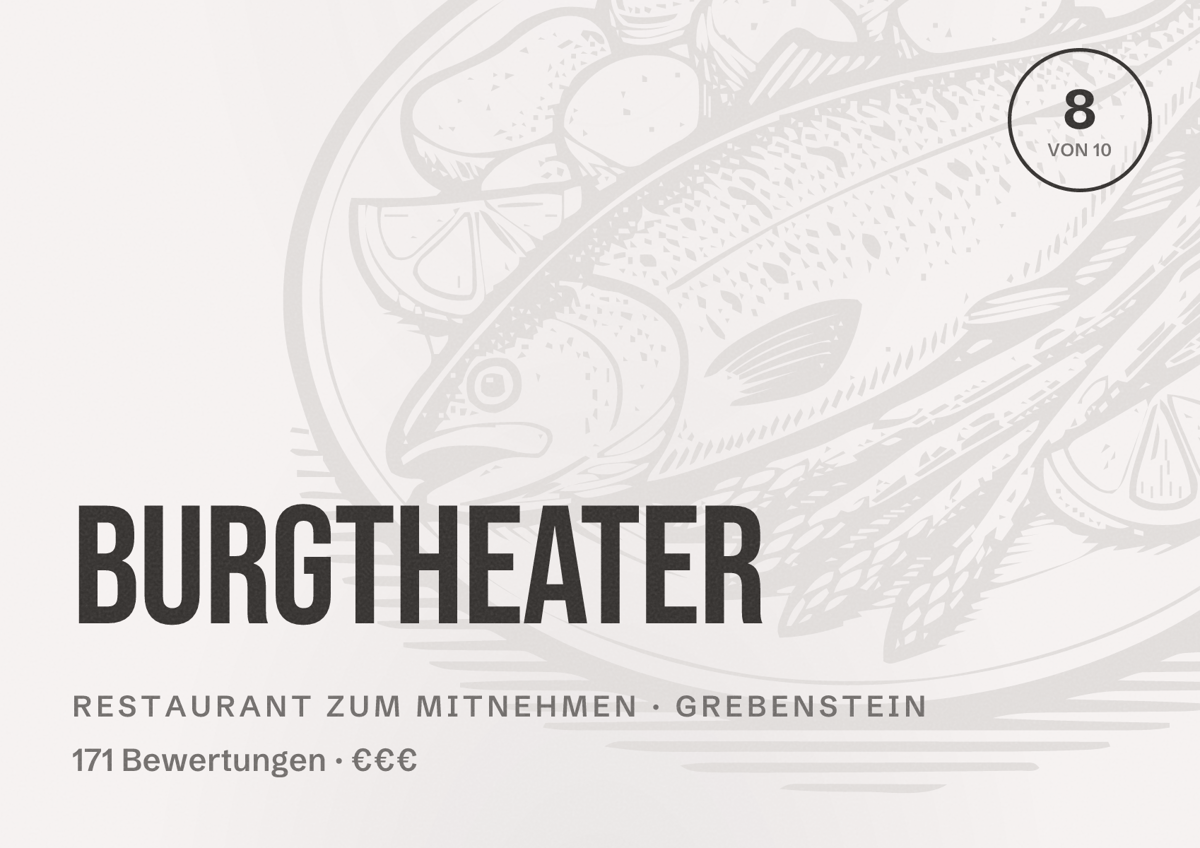 Illustriertes Poster von Burgtheater, Restaurant zum Mitnehmen in Grebenstein: Bewertung 8 von 10 aus 171 Bewertungen, Preisniveau €€€