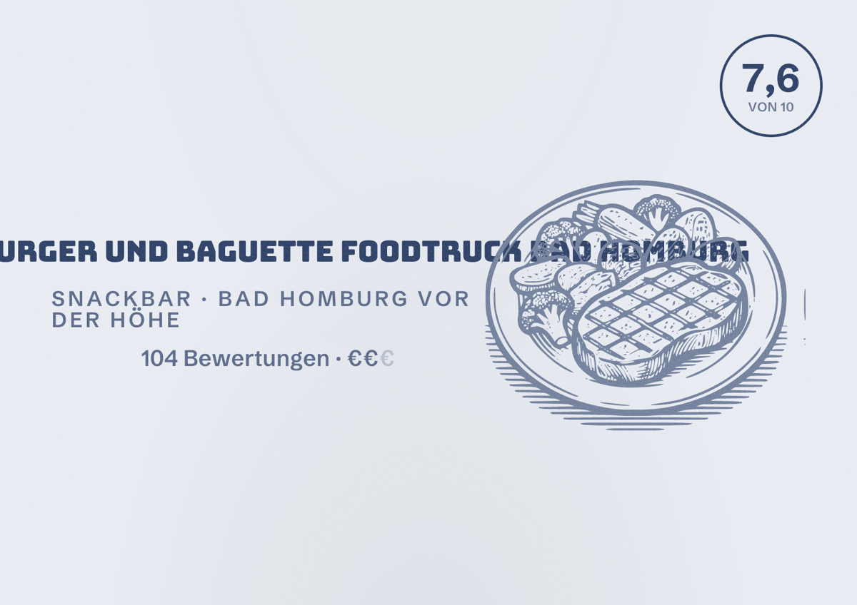 Illustriertes Poster von Burguette Burger und Baguette Foodtruck Bad Homburg, Snackbar in Bad Homburg vor der Höhe: Bewertung 7,6 von 10 aus 104 Bewertungen, Preisniveau €€