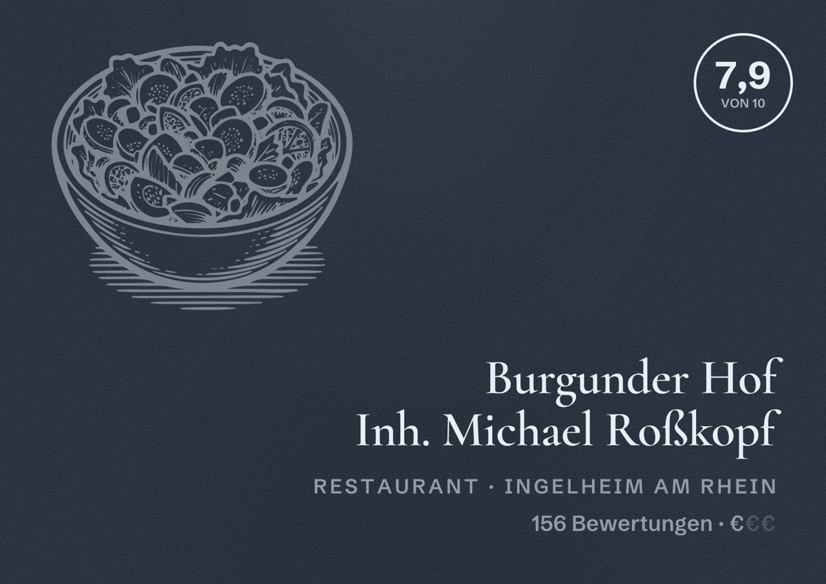 Illustriertes Poster von Burgunder Hof Inh. Michael Roßkopf, Restaurant in Ingelheim am Rhein: Bewertung 7,9 von 10 aus 156 Bewertungen, Preisniveau €