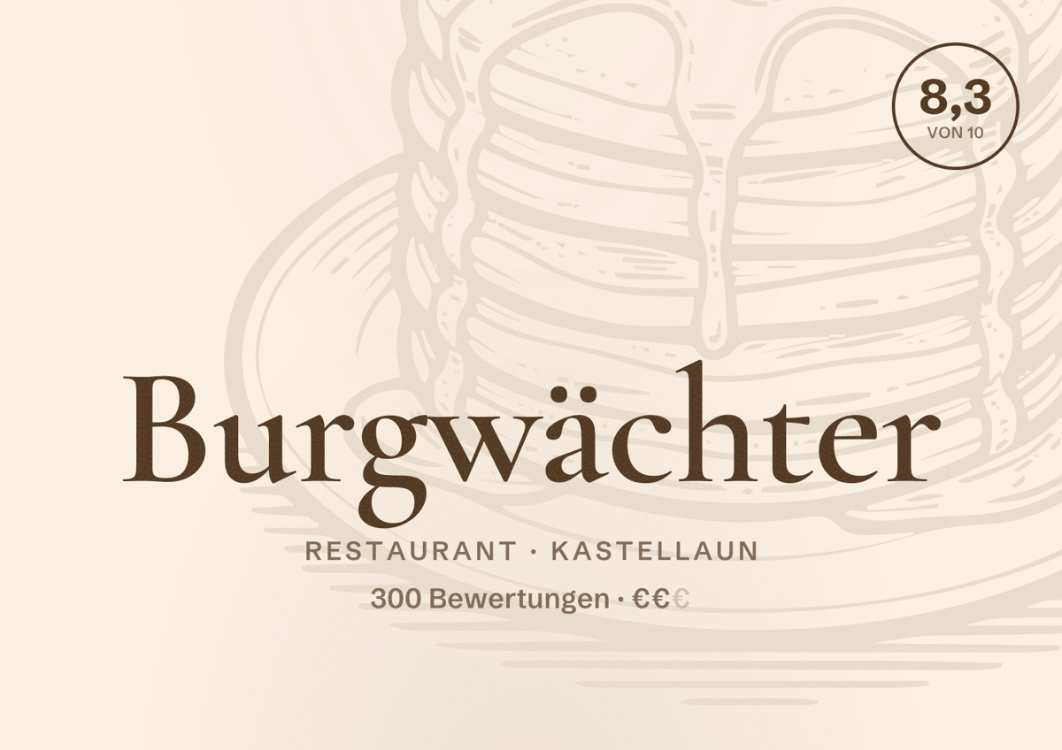 Illustriertes Poster von Burgwächter, Restaurant in Kastellaun: Bewertung 8,3 von 10 aus 300 Bewertungen, Preisniveau €€