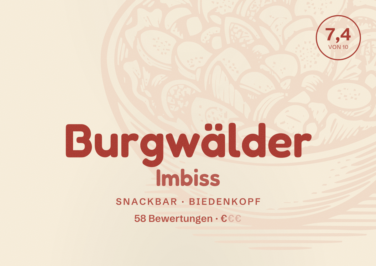 Illustriertes Poster von Burgwälder Imbiss, Snackbar in Biedenkopf: Bewertung 7,4 von 10 aus 58 Bewertungen, Preisniveau €